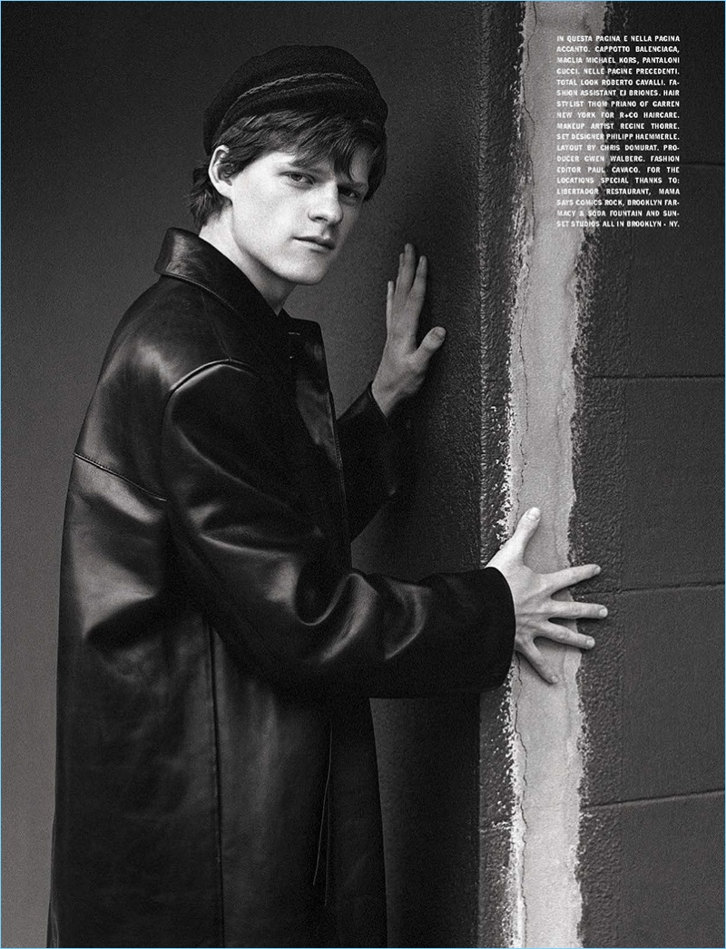 Lucas Hedges rocks a Balenciaga leather coat for L'Uomo Vogue.