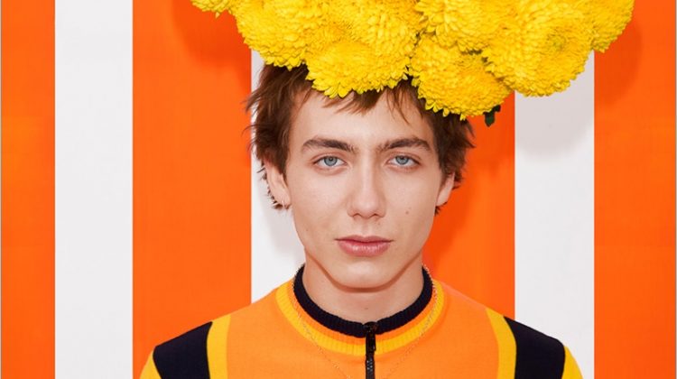 Paul Hameline goes quirky in an orange color blocked top for MSGM's spring-summer 2017 campaign.