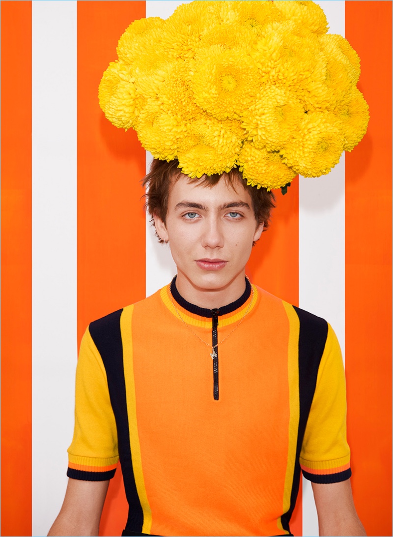 Paul Hameline goes quirky in an orange color blocked top for MSGM's spring-summer 2017 campaign.