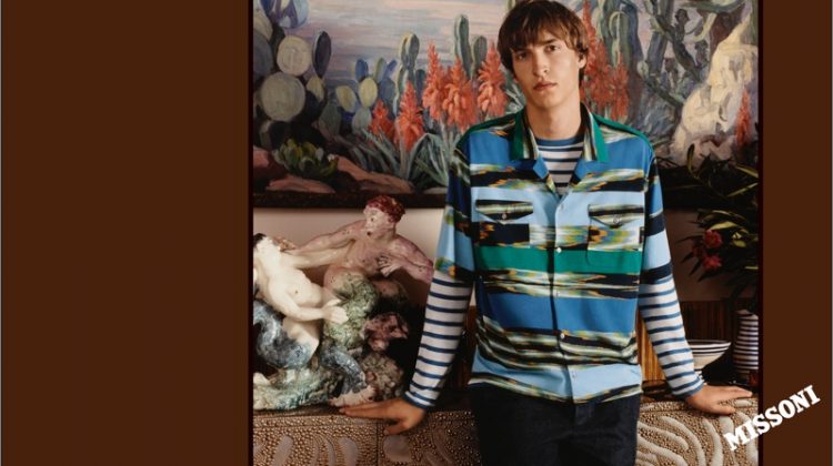 Tim Dibble sports a printed Cuban collared shirt over a striped tee for Missoni's spring-summer 2017 campaign.