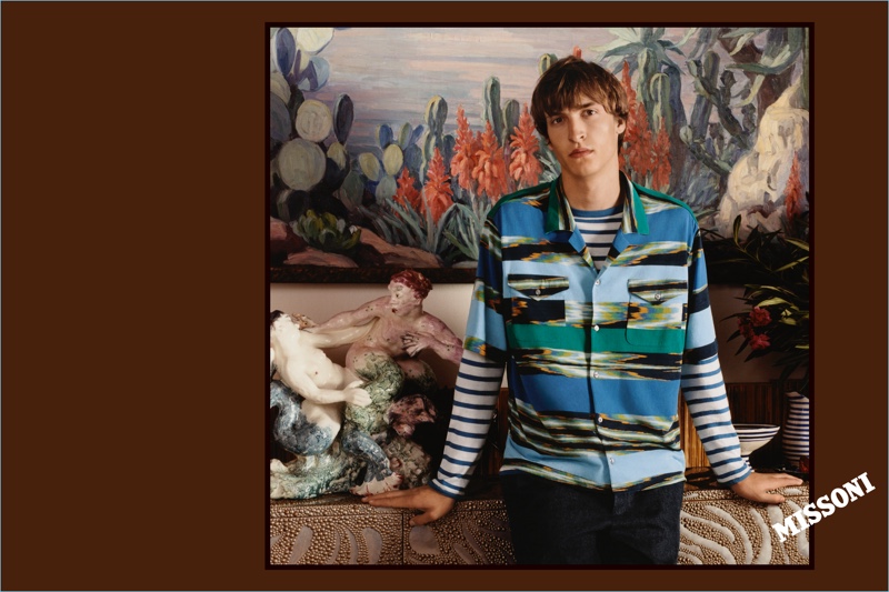 Tim Dibble sports a printed Cuban collared shirt over a striped tee for Missoni's spring-summer 2017 campaign.