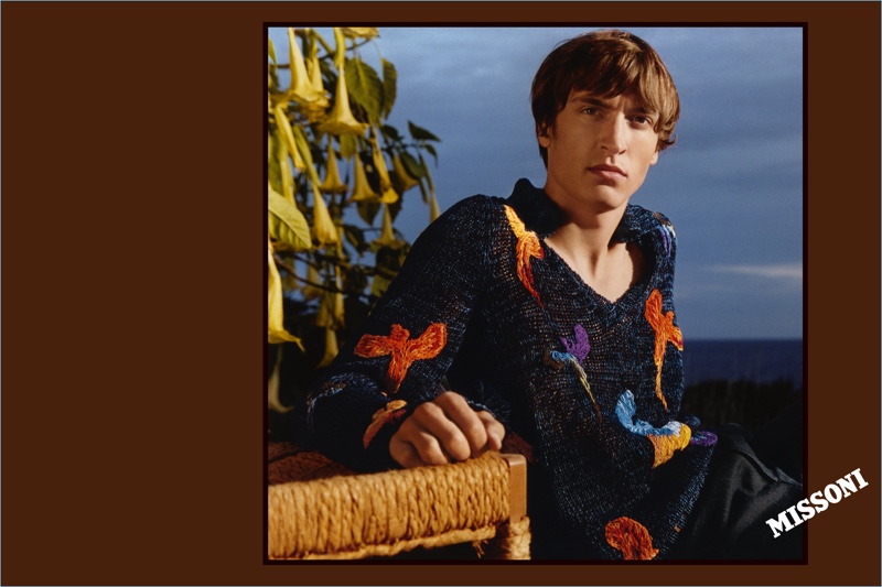 Model Tim Dibble dons an embellished sweater for Missoni's spring-summer 2017 campaign.