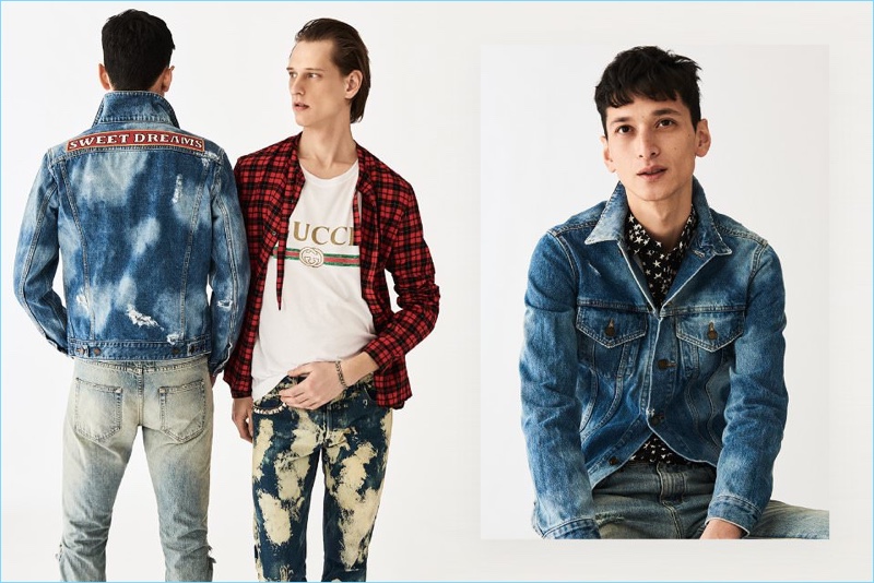 Stock up on designer denim with brands such as Gucci. Left: Rogier Bosschaart wears a Gucci red tie-neck checked shirt, logo t-shirt, acid-washed denim jeans, and chain bracelet. Right: Hideki Asahina models a Saint Laurent distressed denim jacket, skinny-fit denim jeans, and a star print shirt.