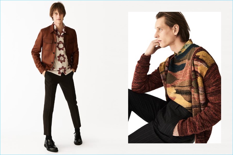 Tap into the 1970s style trend with fashion brands like Prada. Left: Rogier Bosschaart wears a leather jacket, camp collar printed shirt, cropped trousers, and brogues by Prada. Right: Rogier dons a jacquard knit cardigan, cashmere-blend sweater, satin shirt, and pinstriped trousers from Belgian designer, Dries Van Noten.