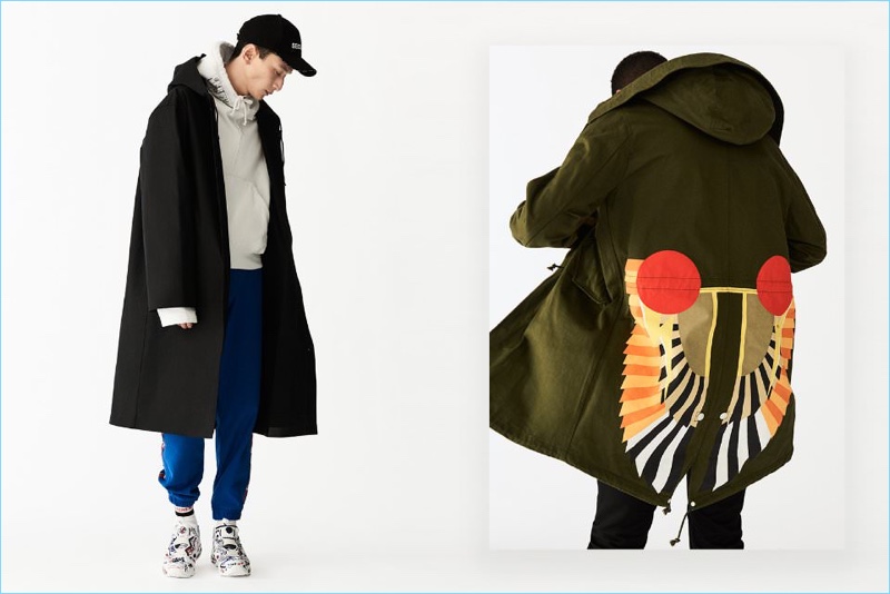 Channel 1990s style with a sporty vibe. Left: Hideki Asahina wears a Vetements x Mackintosh oversized raincoat with a hoodie and sweatpants by Vetements x Champion. Right: Tidiou M'Baye sports a printed cotton parka and denim jeans from Givenchy.