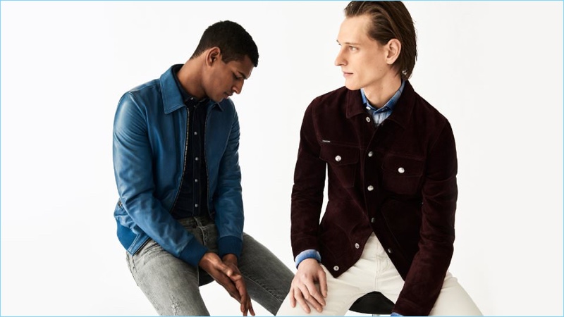 Fuel a retro indulgence with a luxurious new jacket. Left: Tidiou M'Baye wears a Dolce & Gabbana blue leather jacket, slim-fit denim shirt and denim jeans. Right: Rogier Bosschaart sports a Tom Ford slim-fit suede jacket, checked shirt, and selvedge denim jeans.