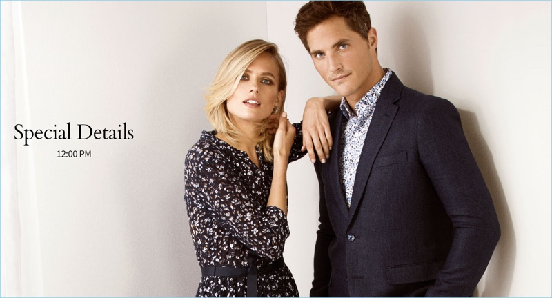 Models Tosca Decker and Ollie Edwards don floral print fashions from Pedro del Hierro.