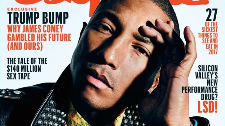 Pharrell rocks a Gucci leather biker jacket for the February 2017 cover of Esquire.