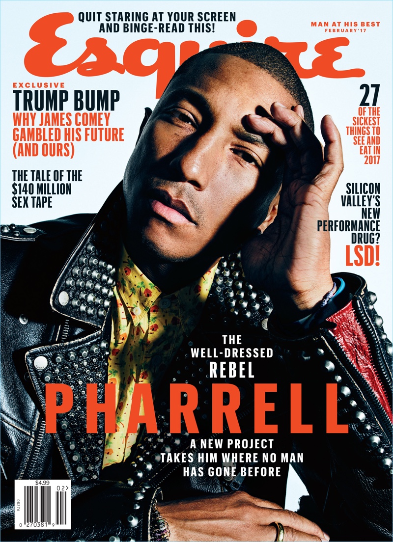 Pharrell rocks a Gucci leather biker jacket for the February 2017 cover of Esquire.