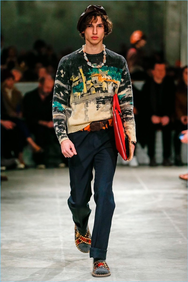 Italian brand Prada shows a graphic hand with its knitwear for fall-winter 2017. » Prada Revisits 70s for Charming Fall '17 Collection Italian brand Prada shows a graphic hand with its knitwear for fall-winter 2017.