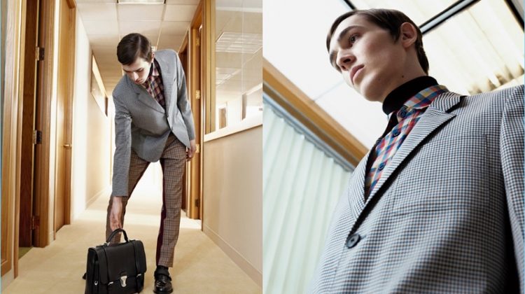 Dylan Fender enters the office in plaid suiting separates for Prada's spring-summer 2017 campaign.