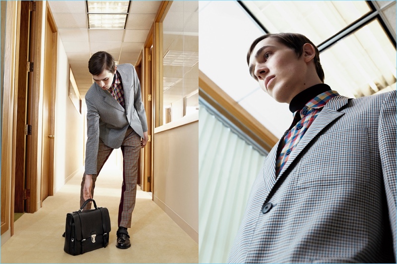 Dylan Fender enters the office in plaid suiting separates for Prada's spring-summer 2017 campaign.