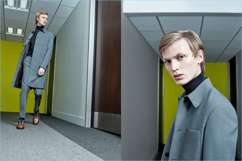 Jonas Gloer wears a single-breasted coat and slim trousers for Prada's spring-summer 2017 campaign. » Prada Presents Quirky Office Style for Spring Campaign Jonas Gloer wears a single-breasted coat and slim trousers for Prada's spring-summer 2017 campaign.