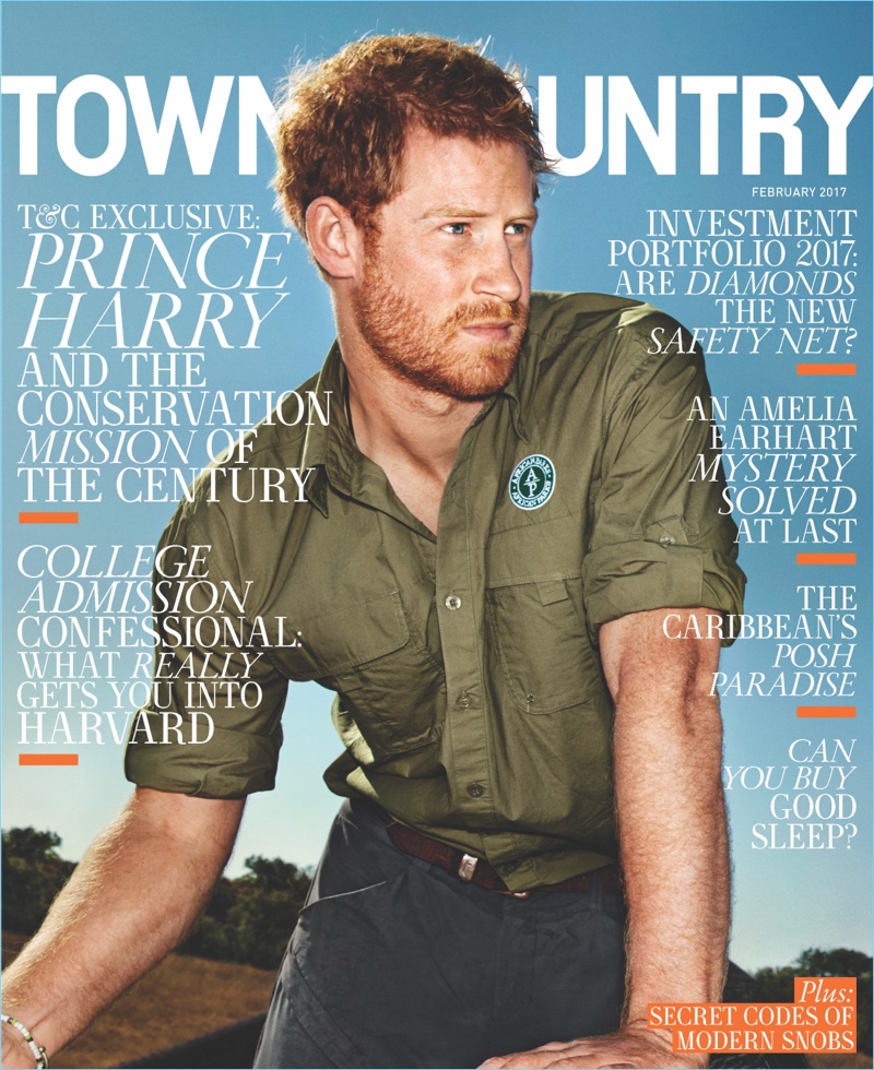 Prince Harry covers the February 2017 issue of Town & Country magazine.