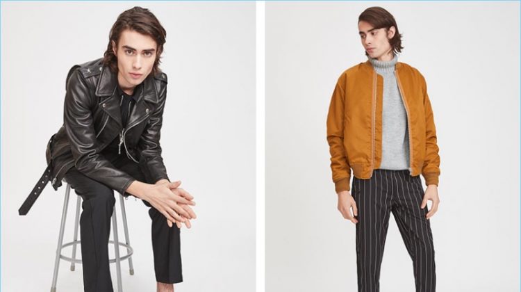 Embrace a casual cool by pairing slim trousers with a leather biker jacket or trendy bomber jacket. Left: Schott pebbled leather biker jacket, Chapter jacket, Helmut Lang standard fit cut hem tee, Stussy trousers, and Dr Martens Penton New Bar loafers. Right: Maiden Noir satin bomber jacket, Publish pinstripe pants, Stampd turtleneck sweater, and Puma Select Play Nude sneakers.