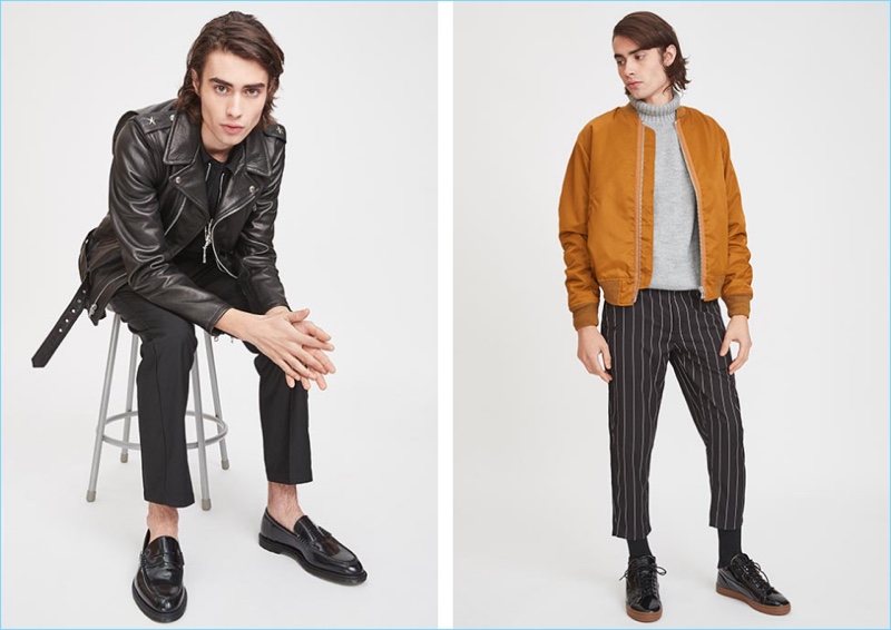 Embrace a casual cool by pairing slim trousers with a leather biker jacket or trendy bomber jacket. Left: Schott pebbled leather biker jacket, Chapter jacket, Helmut Lang standard fit cut hem tee, Stussy trousers, and Dr Martens Penton New Bar loafers. Right: Maiden Noir satin bomber jacket, Publish pinstripe pants, Stampd turtleneck sweater, and Puma Select Play Nude sneakers.