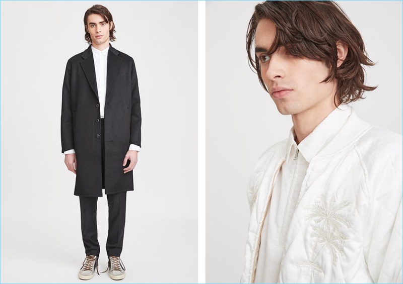 Steal a minimal style note from Revolve Man by embracing black and white. Left: Chapter single-breasted coat, Barney Cools oxford shirt, Harmony trousers, and Golden Goose Slide sneakers. Right: Stussy satin palm bomber jacket and Maiden Noir half-zip shirt.