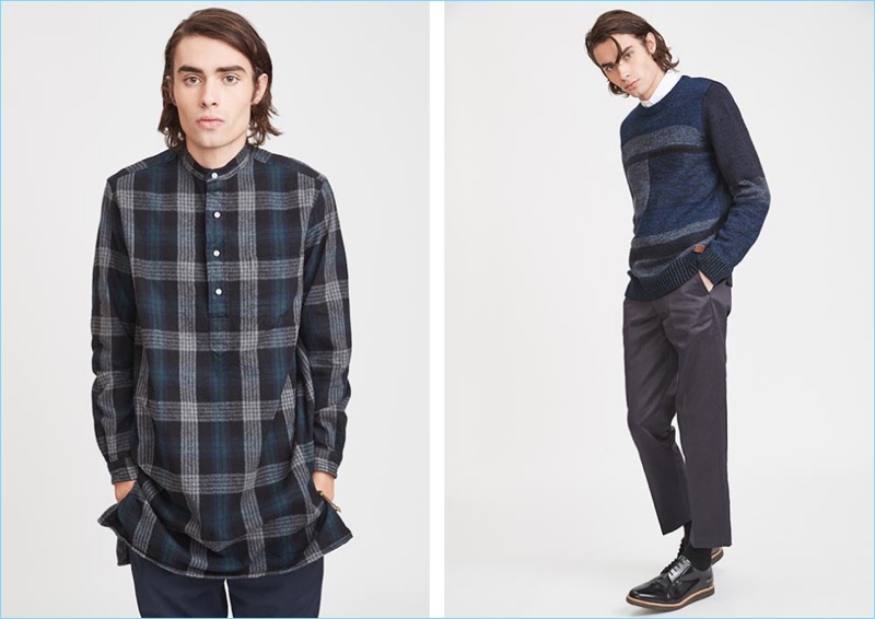 Ride a blue wave for a smart approach to casual style. Left: Gitman Vintage brushed Japanese flannel granddad collared shirt and Chapter trousers. Right: Deus Ex Machina sweater, Barneys Cools oxford shirt, Maiden Noir trousers, and Common Projects derby shoes.