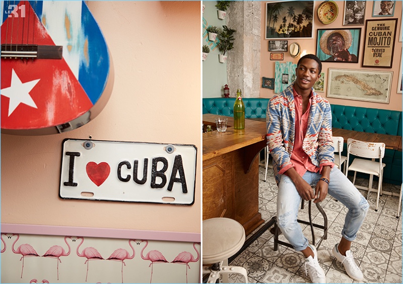 All smiles, Hamid Onifade wears an ikat jacquard cardigan and semi-tailored fit shirt by LE 31. Hamid's look is complete with Only & Sons' patchwork-knee jeans and Adidas Stan Smith sneakers.