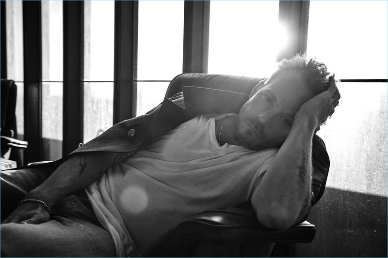 Actor Stephen Dorff sports a Jeffrey Rüdes jacket with a Calvin Klein t-shirt, and RRL jeans for Flaunt magazine.