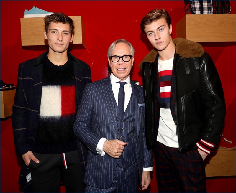 Tommy Hilfiger poses for pictures with Julian Ocleppo and Lucky Blue Smith.