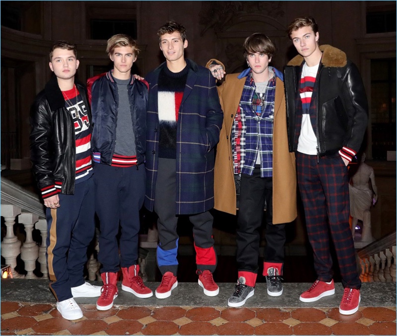 Rafferty Law, Presley Gerber, Julian Ocleppo, Gabriel-Kane Day-Lewis, and Lucky Blue Smith wear fall fashions from Hilfiger Edition.