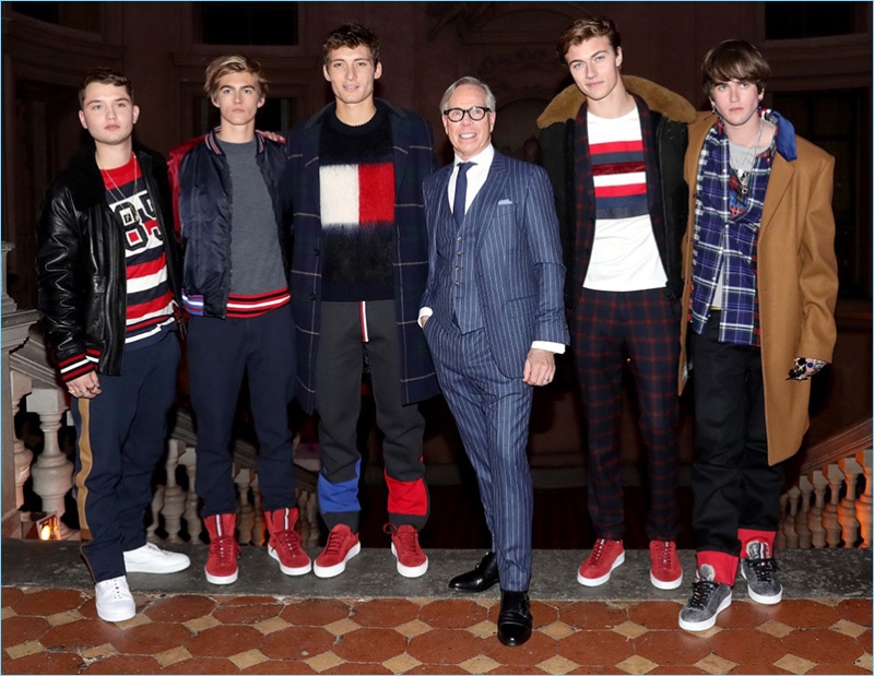 Designer Tommy Hilfiger is pictured with Rafferty Law, Presley Gerber, Julian Ocleppo, Lucky Blue Smith, and Gabriel-Kane Day-Lewis.