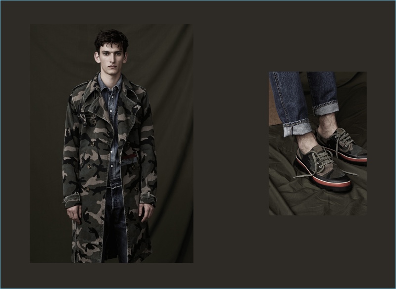 Standing at attention, Thibaud Charon sports a double-breasted coat and shoes from Valentino's ID Camouflage collection.