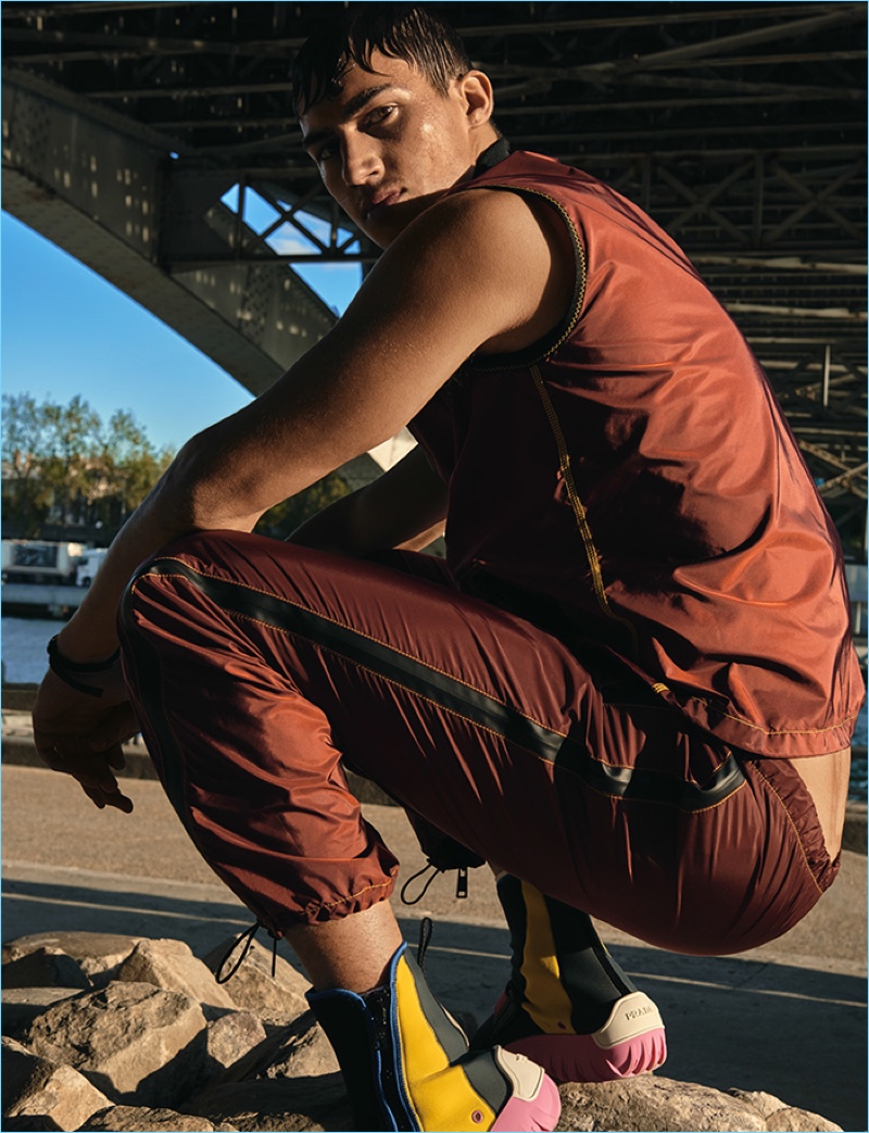 Model Alessio Pozzi wears a sporty look from Prada for the pages of Wonderland.