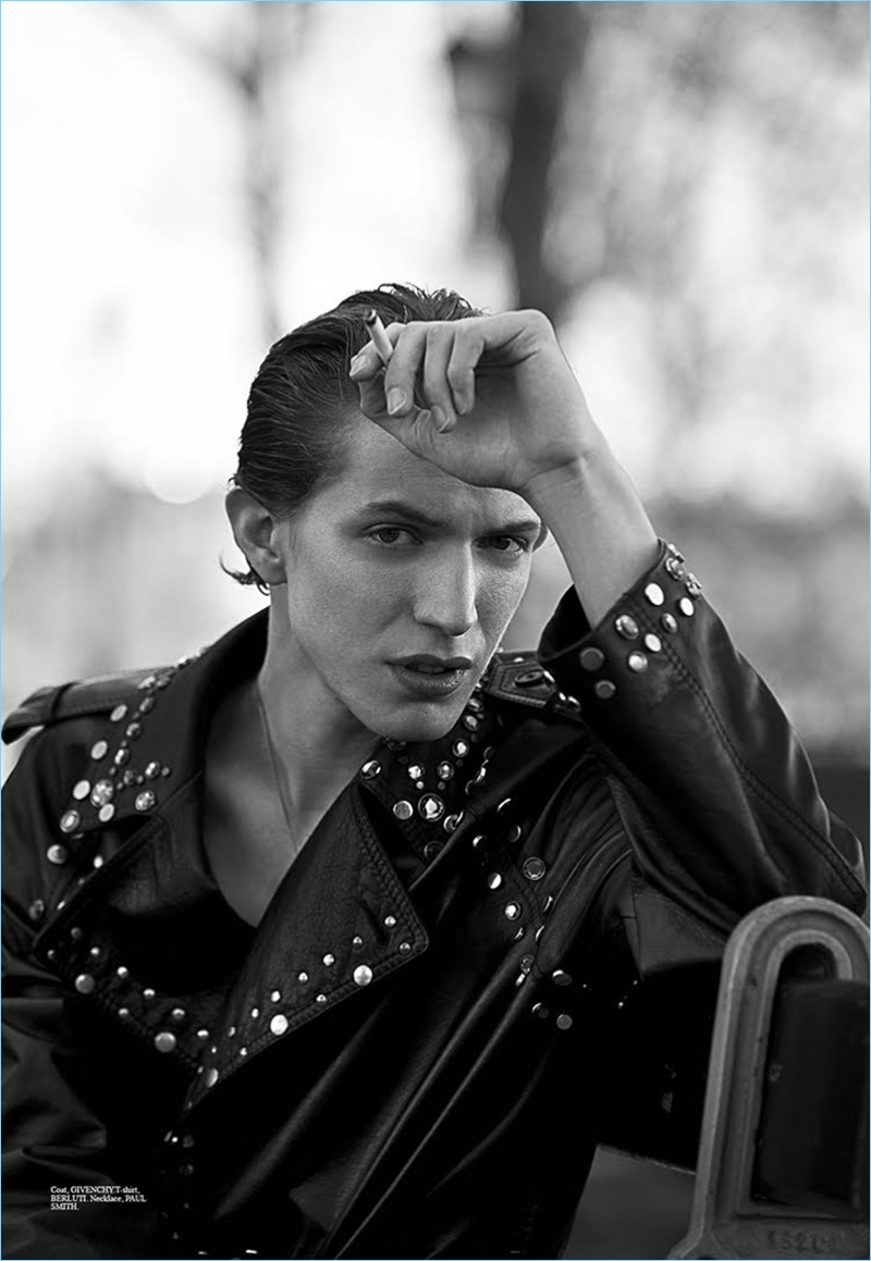 Christopher Campbell outfits Xavier Buestel in a Givenchy studded leather biker jacket. Xavier also wears a Berluti t-shirt and Paul Smith necklace.