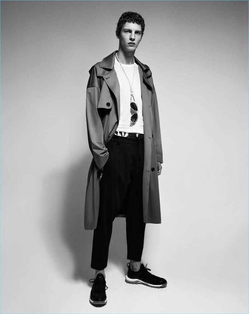 Tim Schuhmacher wears a trench coat for Zara Man's spring-summer 2017 campaign.