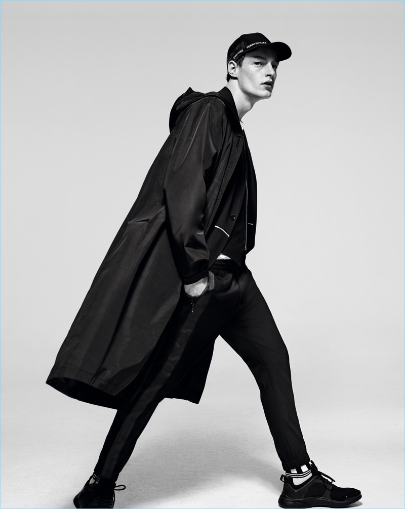 Roberto Sipos dons an oversized parka for Zara Man's spring-summer 2017 campaign.