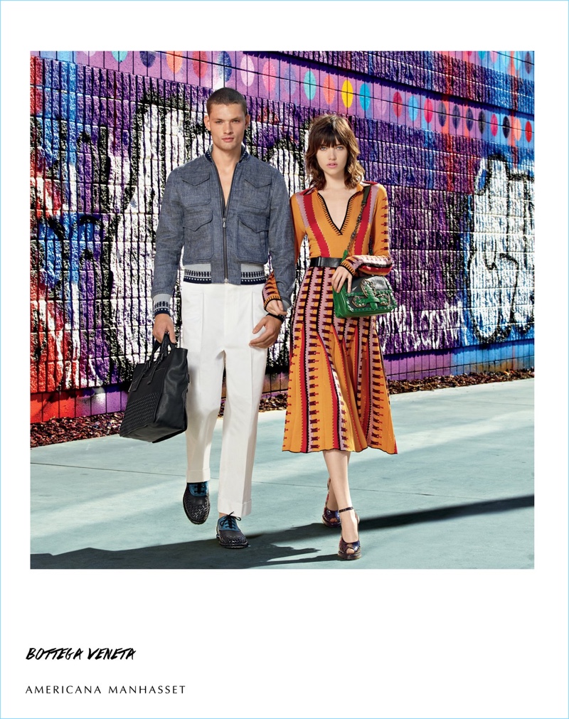 Models William Los and Grace Hartzel wear spring fashions from Bottega Veneta.