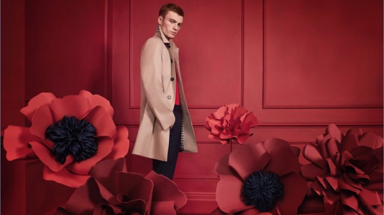 Jake Shortall dons a classic trench coat for Aquascutum's spring-summer 2017 campaign.