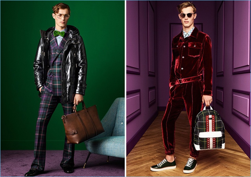 British model Kit Butler sports plaid and velvet tailoring from Bally.