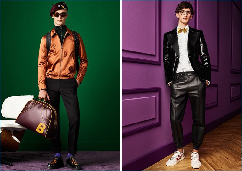 Embracing Bally's playful stance on luxury menswear, Kit Butler and Thibaud Charon pose for pictures.