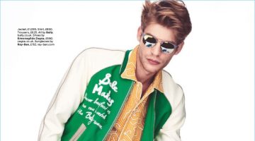 Haute Visibility: Baptiste Radufe Rocks Bold Fashions for British GQ Tapping into a cool retro theme, Baptiste Radufe wears a Bally shirt, jacket, and trousers with Ray-Ban sunglasses. The French model also sports Ermenegildo Zegna leather loafers.