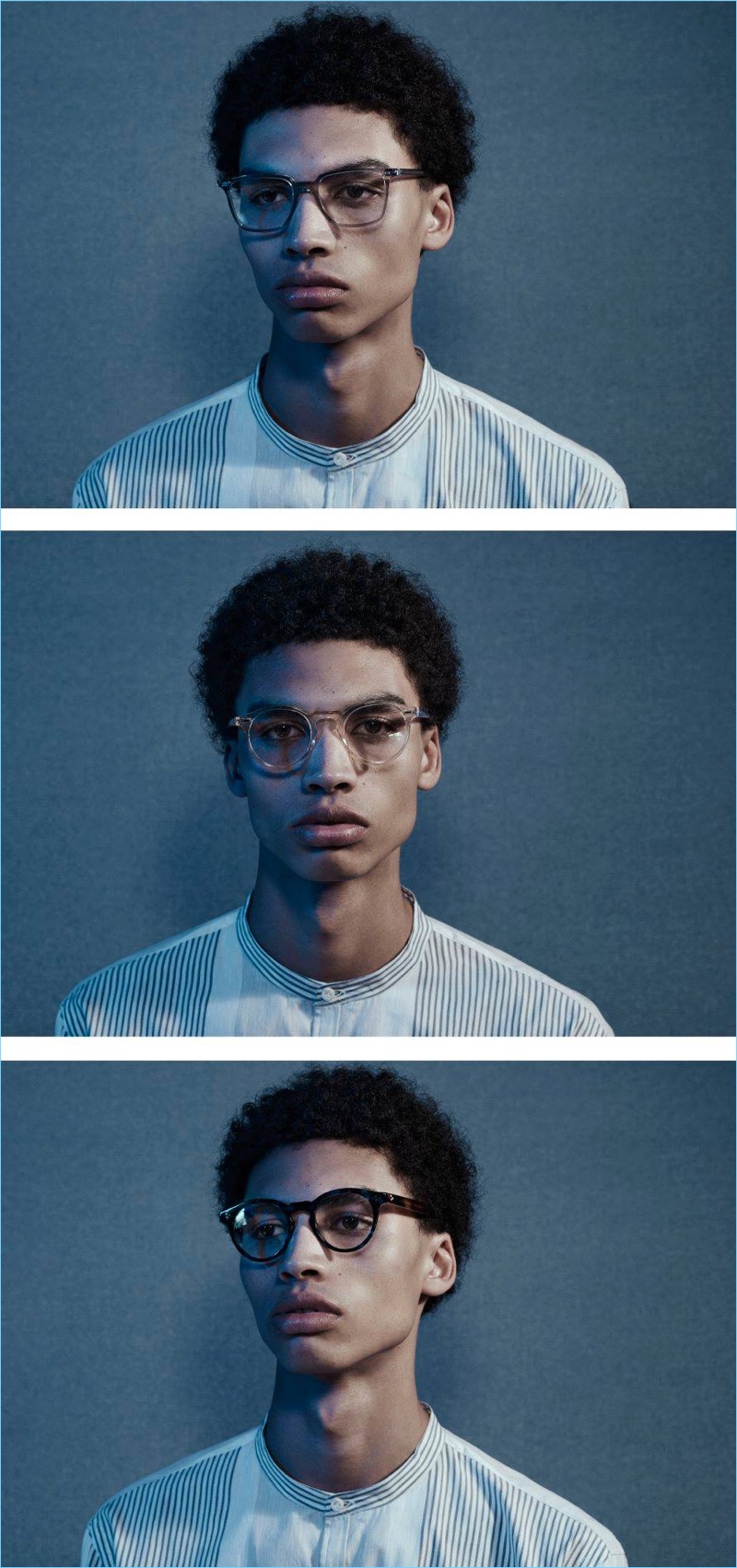 Model Sol Goss is smart in an Eidos striped cotton-linen shirt. Sol also wears glasses from Oliver Peoples and Tom Ford.