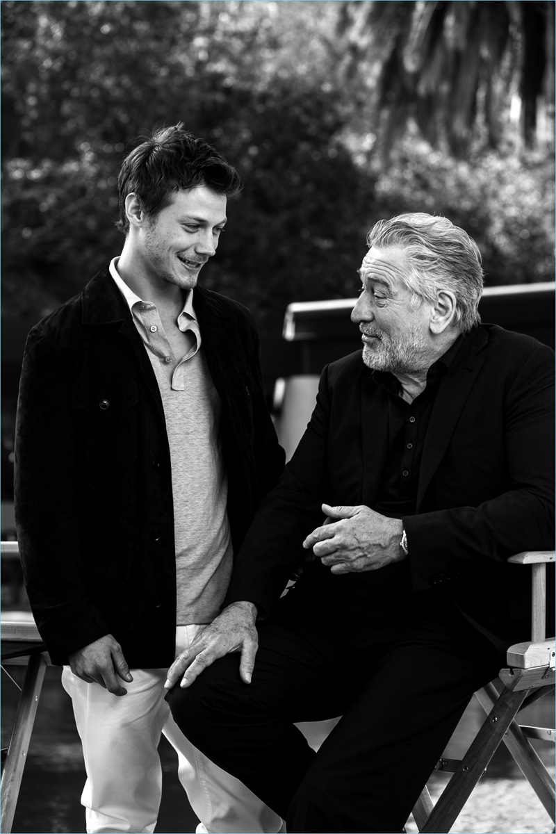 McCaul Lombardi and Robert De Niro share a moment while shooting Ermenegildo Zegna's Defining Moments campaign.