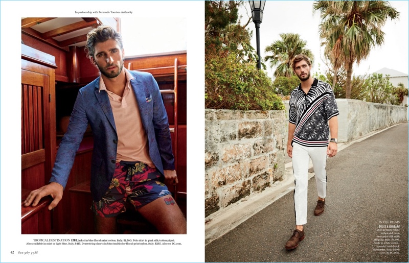 Tropical Destination–Left: Alex Libby sports an Etro floral-print jacket with a polo and swim shorts.  Right: Alex steps out in a look by Dolce & Gabbana.