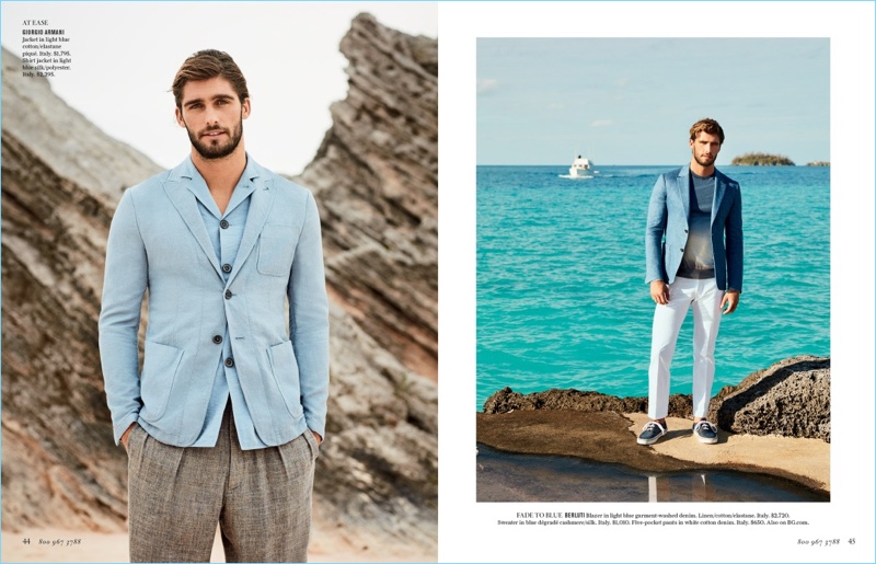 At Ease-Left: Warming up to light blue, Alex Libby wears soft tailoring from Giorgio Armani. Right: Alex embraces a blue and white color palette from Berluti.