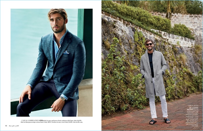 Casual Combination-Left: Alex Libby dons a Kiton check jacket, shirt and trousers. Right: Alex wears a check top coat, sweater, and pants by French brand, Ami.