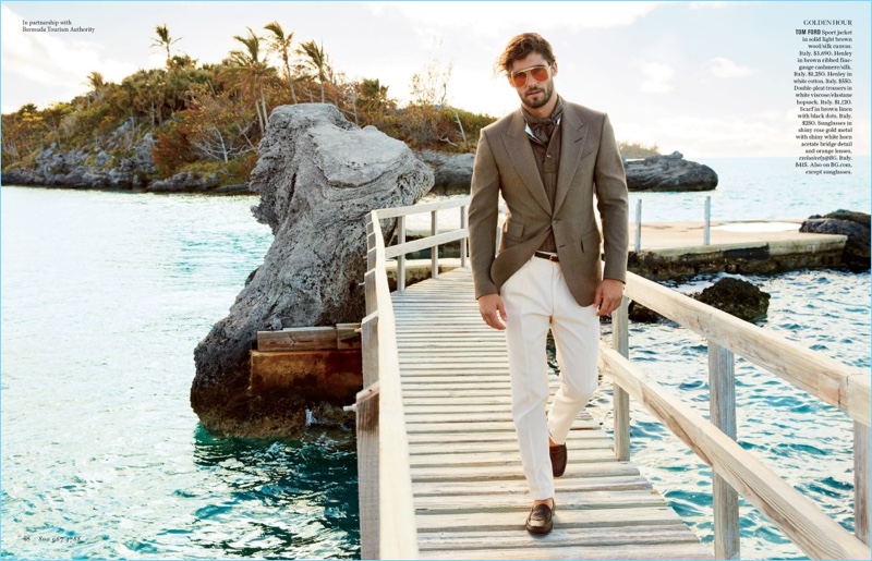 Golden Hour: Alex Libby takes to the dock in a Tom Ford look.