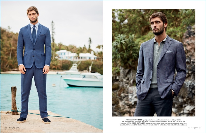 Ocean Blue-Left: Alex Libby is dashing in a Ralph Lauren navy suit. Right: Alex wears a check jacket with a polo and trousers by Brioni.