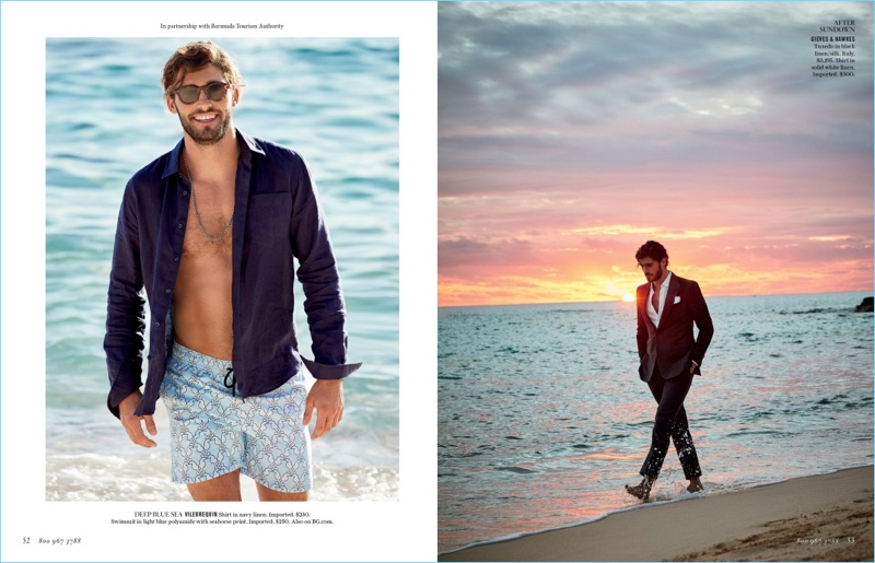 Deep Blue Sea-Left: All smiles, Alex Libby wears Vilebrequin swim shorts with a casual shirt. Right: Alex sports a Gieves & Hawkes tuxedo.