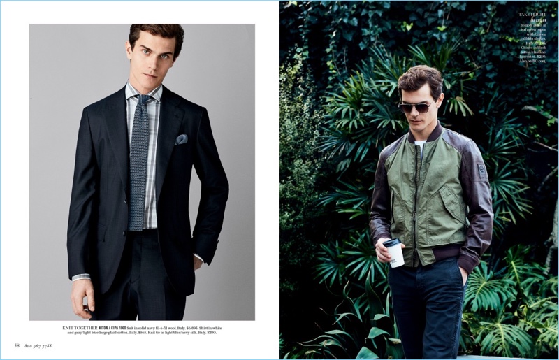 Left: Vincent LaCrocq wears a Kiton suit. Right: Vincent sports a bomber jacket and chinos from Belstaff.