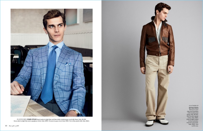 Left: Vincent LaCrocq dons a check sport jacket, dress shirt, trousers, and tie from Cesare Attolini. Right: Vincent channels a retro ease in a leather jacket and trousers by Bottega Veneta.