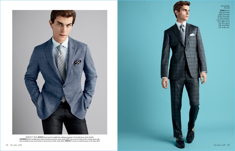 Left: Vincent LaCrocq wears a Belvest sport jacket and Incotex trousers with a Goodman's shirt and tie. Right: Vincent sports a Brioni plaid suit with a dress shirt and silk tie.