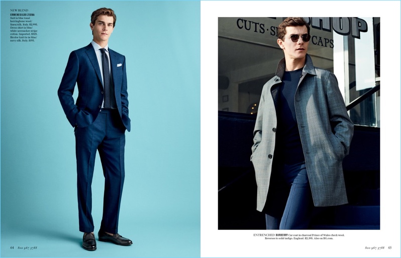 Left: Vincent LaCrocq embraces clean lines in a blue Ermenegildo Zegna suit. Right: Vincent is a cool vision in a Burberry trench coach.