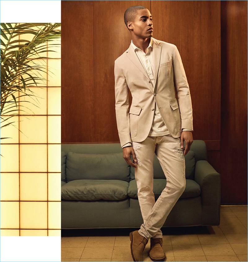 Neutrals steal the spotlight with a suit and shirt by POLO Ralph Lauren.